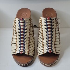 Tory Burch Cream and Brown Woven Mules